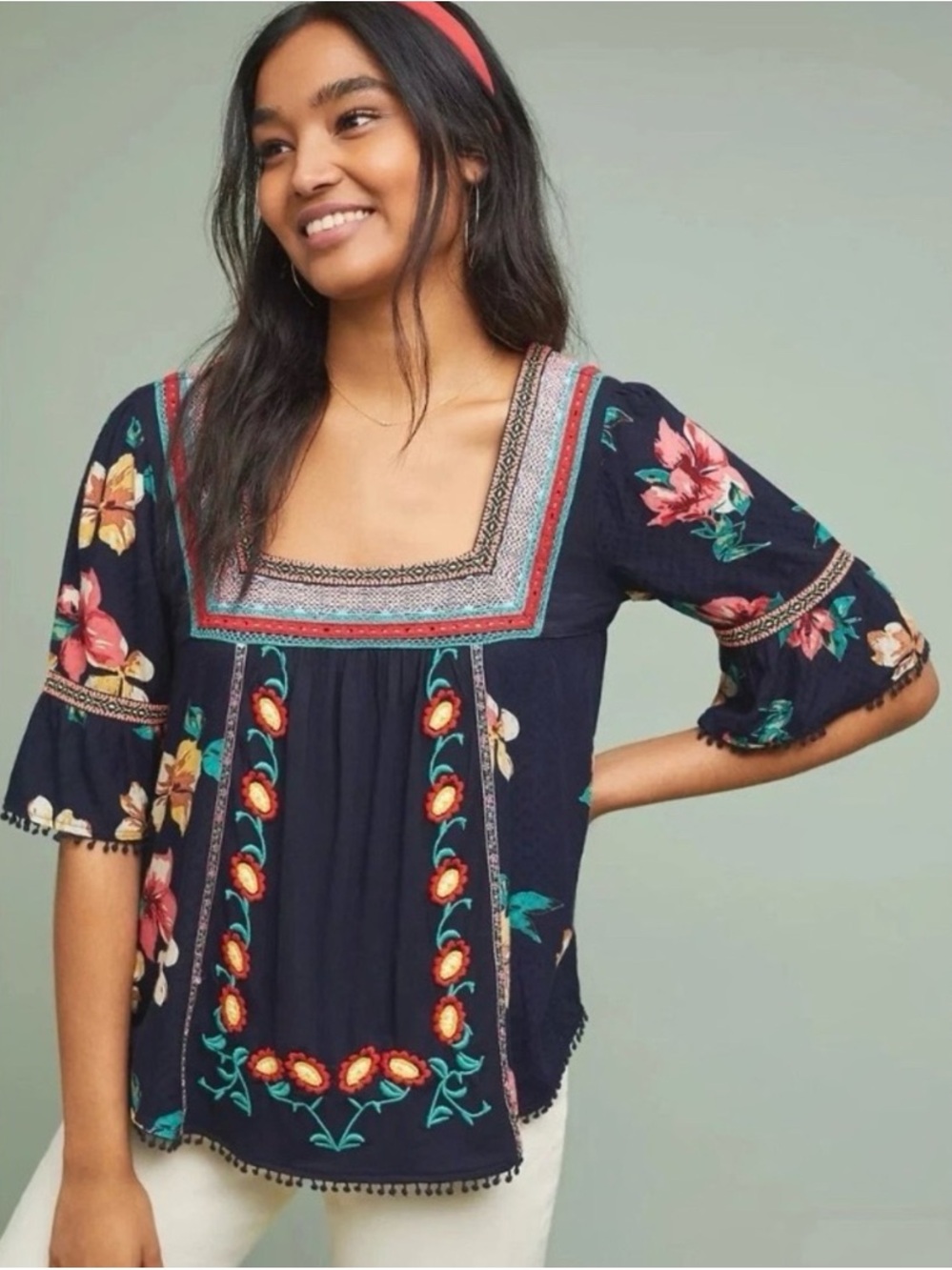 By Anthropologie Dakota Embroidered Floral Knit Boho Peasant Top Medium